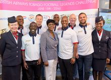 Tracy Davidson-Celestine, Tobago’s Secretary for Tourism and Transportation picutred with Football Legends at Tuesdays event