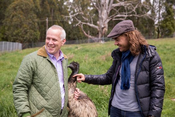 Shannon Bennett with UK journalist James Steen and an Emu at Burnham Beeches