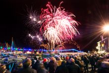 A spectacular fireworks display over the harbour at Padstow Christmas Festival. 