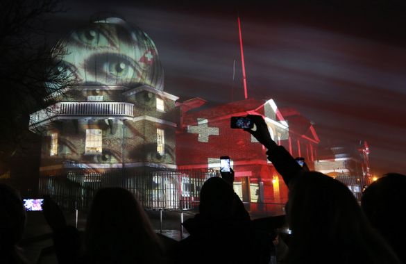 A light installation, created by Swiss light artist Gerry Hofstetter, is projected onto the Royal Observatory in Greenwich, Lond