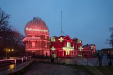 A light installation, created by Swiss light artist Gerry Hofstetter, is projected onto the Royal Observatory in Greenwich, Lond