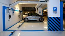 The BMW i vehicles charging stations located in the underground parking lot of Kempinski Hotel Beijing