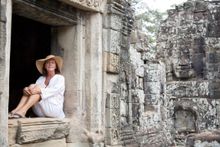 Traveler at the Bayon temple Angkor  Wat, Cambodia