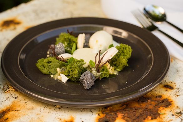 mint sponge, Maleny Guernsy milk sherbet, choc-mint truffle, green rhubarb jam