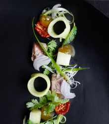 Salad of Grilled Wagyu Beef with Sweet Melon, Dehydrated Tomato and Yam Pudding at Benjarong Restaurant, Dusit Thani Bangkok