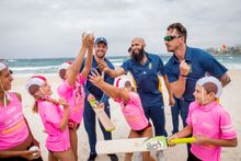 (L-R) Fred FELIX, Imogen Brown, Bellamy Brown, Captain AB de Villiers, Lola Annear, Hashim Amla, Dale Steyn and Campbell Porteus