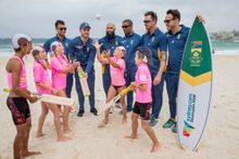 Local Nippers (Junior Lifesavers) with (L-R) JP Duminy, AB de Villiers, Hashim Amla, Vernon Philander, Dale Steyn and Faf du Ple