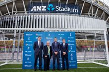 Sydney FC Chairman Scott Barlow, Destination NSW CEO Sandra Chipchase, former Socceroo Brett Emerton, ANZ Stadium Managing Direc