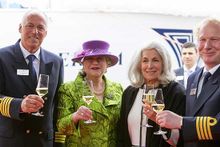  (L-R) Champagne toast with Captain Tom Buining, Princess Anita von Hohenberg,  Beatrice Tollman, and Captain Richard Martin 
