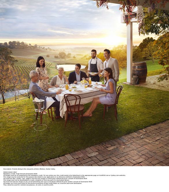 Friends dining in the vineyards at Bistro Molines, Hunter Valley