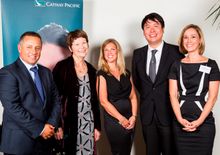 Mark Pirihi of Cathay Pacific, Venetia Sherson winner of the Cathay Pacific Travel Writer of the Year Award, Sarah Barrell our i
