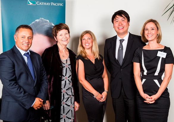 Mark Pirihi of Cathay Pacific, Venetia Sherson winner of the Cathay Pacific Travel Writer of the Year Award, Sarah Barrell our i