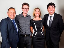 Mark Pirihi of Cathay Pacific, Paul Daly, winner of the Cathay Pacific Travel Photographer of the Year award, with Michelle Burg