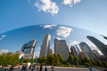 The city's skyline reflected on Anish Kapoor's sculpture Cloud Gate 