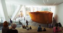 A large glass-walled gallery (interior view) on ground level with free public access will beckon passersby on Howard Street;  re