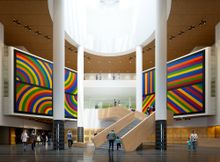 SFMOMA’s new Snøhetta-designed stair (view from Third Street entrance) shown here with previous atrium art installation by Sol L