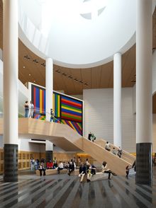 SFMOMA’s new Snøhetta-designed stair (side view) shown here with previous atrium art installation by Sol LeWitt (inaugural art i