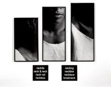 Lorna Simpson, Necklines, 1989; gelatin silver prints and engraved plastic plaques; 68 1/2 x 70 in. (173.99 x 177.8 cm); Collect