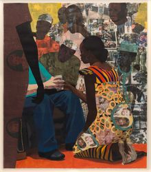 Njideka Akunyili Crosby, Wedding Portrait, 2012; acrylic, pastel, colored pencil, marble dust, fabric, and electrostatic transfe