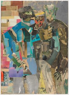 Romare Bearden, Three Men, 1966–67; printed and painted papers, watercolor, and graphite on canvas; 57 1/2 x 41 5/8 in. (146.05 