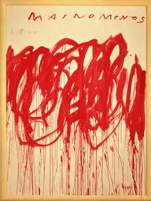 Cy Twombly, Untitled (Bacchus 1st Version IV), 2004; acrylic and crayon on wood; 104 1/2 x 79 x 2 in. (265.43 x 200.66 x 5.08 cm