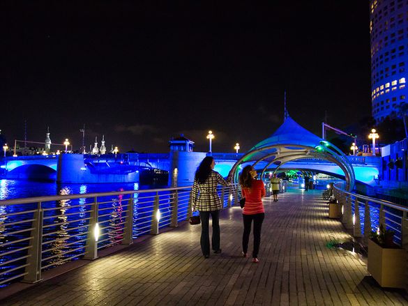 Tampa Riverwalk's Kennedy Boulevard Plaza skims the surface of the Hillsborough River downtown.