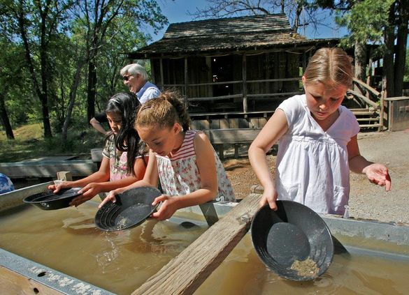Columbia State Park, Sonora, California -- Young miners pan for gold to experience part of the gold rush era.