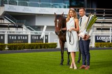 Qantas Wallaby, Quade Cooper and his partner, Laura Dundovic at Royal Randwick ahead of the Bledisloe Cup Festival Race Day