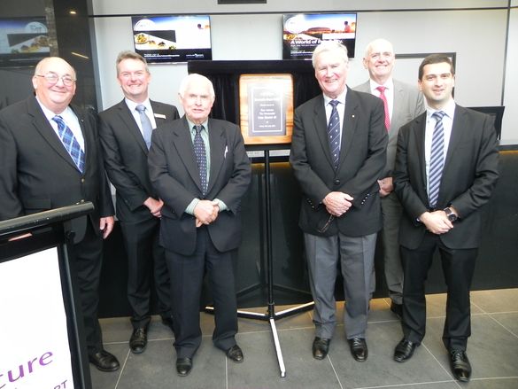 L-R: Mayor of Port Stephens, Bruce MacKenzie; Hilton Grugeon, Simon Glover GM, Mayor Bruce MacKenzie, Rear Admiral Peter Sinclai