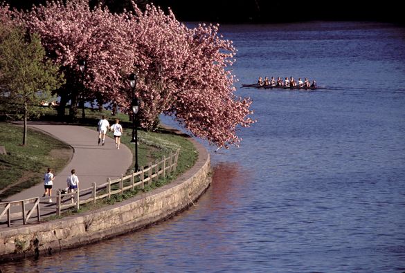Joggers and rowers enjoy Fairmount Park, the nation\'s largest landscaped city park. New jogging, cycling, in-line skating, and 