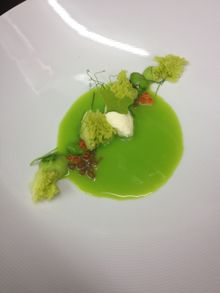 Pea Broth, Salmon Eggs, Fava Beans, Green Pea Sponge
