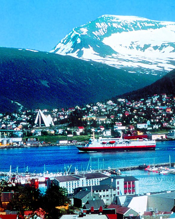 Hurtigruten ship enters village harbor Hurtigruten ship enters village harbor