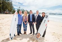 Former World Champion surfer Damien Hardman, junior surfer Isabella Nicholls, NSW Premier Mike Baird, IMG Senior Vice President 