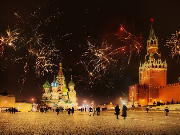 Fireworks over St Basil's Cathedral in Red Square, Moscow. 