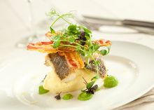 ENTCS Pan Fried Sea Bass, With Crispy Pancetta And Pea Puree