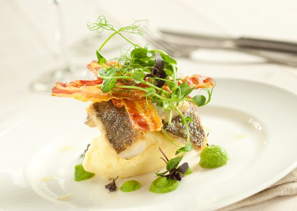 ENTCS Pan Fried Sea Bass, With Crispy Pancetta And Pea Puree