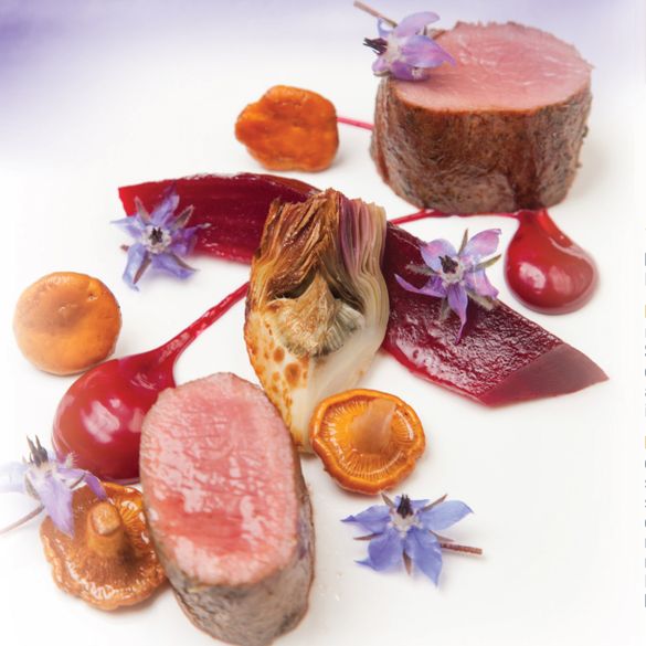 Herdwick lamb accompanied by a beetroot girolle and a mascarpone blood orange streusel, both of which feature in Burnt