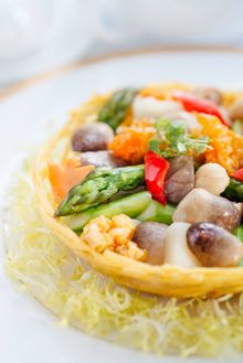 Sautéed Macadamia Nuts, Water Chestnuts and Mushrooms in a Taro Nest 