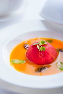 Stuffed Tomato with Stir-Fried Mixed Mushrooms, Fungus and Black Truffle in  Pumpkin Soup
