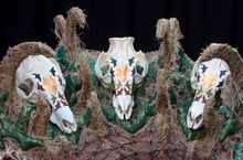 Kashif Nadim Chaudry   Navel, 2014  Jute, pig skulls, magpie skulls, fabric: various, human hair, rabbit vertebrae, Swarovski cr