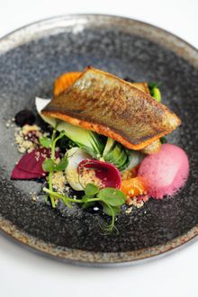 Congham Hall Hotel: Gourmet Break - pan-roasted rainbow trout, sweet potato purée, garden beetroot, pickled carrot, radish and s