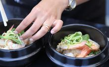 Shark Bay wild chilli Prawns and Mackerel mousse in a zucchini noodle seafood broth.