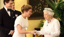 The Queen greeting Justin Trudeau and wife Sophie Grégoire-Trudeau at the CHOGM 2015 Dinner