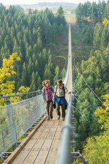 Hikers on Germany’s longest rope suspension bridge Geierlay 