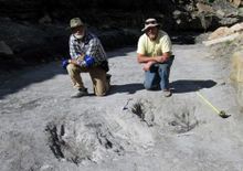 Dinosaur trackers Martin Lockley (right) and Ken Cart pose beside giant, 100 million-year-old scrapes made by theropod dinosaurs