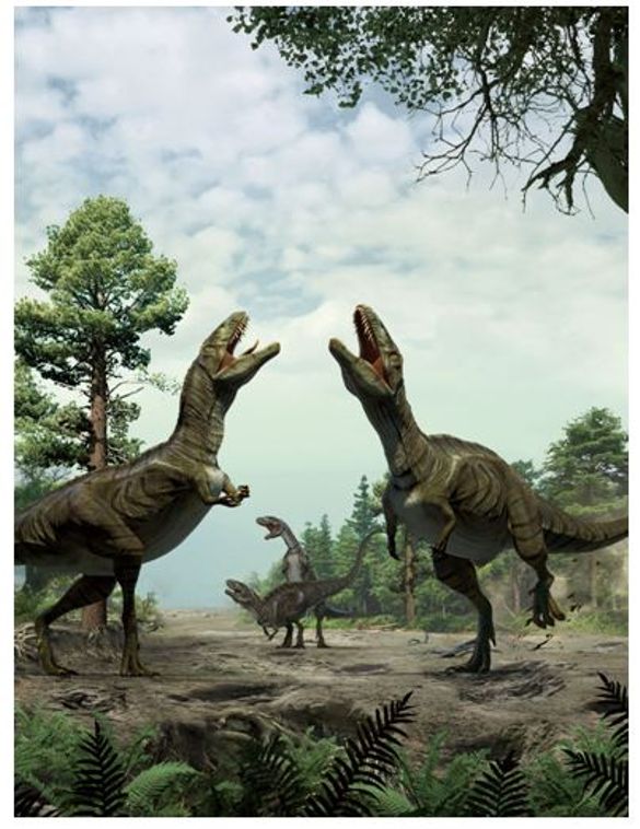 Reconstruction of theropod dinosaurs engaged in sexual scrape ceremony display behavior. Based on display arena scrape sites in 