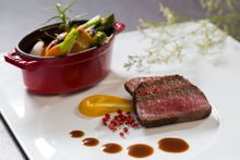 Wagyu beef tenderloin, pink pepper corn, morels mushrooms, seared duck liver