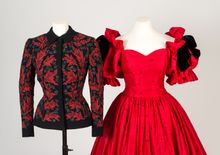 Black and red wool crepe appliqué jacket, about 1947, Lucien Lelong, Paris, worn by Vivien Leigh. Red and black spotted silk bal