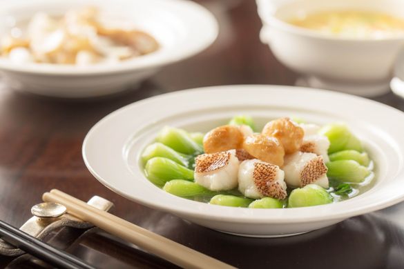 Simmered Baby Vegetables with Fillet of East Spotted Garoupa and Garlic