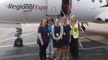 Travel agent famil at Esperance airport. Rex’s Sales Manager for SA,Vic,Tas & WA, Kylie Good, is on the right.
